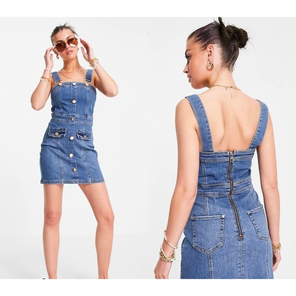 River Island Denim Mini Dress 14 Gold Button Front Pinafore Stretch Western